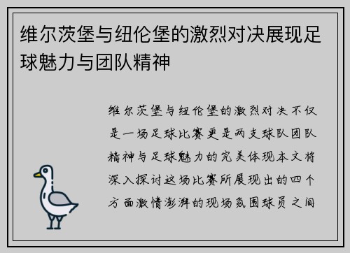 维尔茨堡与纽伦堡的激烈对决展现足球魅力与团队精神